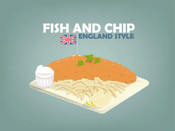 Hermoso diseño de pescado y patatas fritas, lima y mayonesa en plato plano, estilo de comida Inglés — Archivo Imágenes Vectoriales
