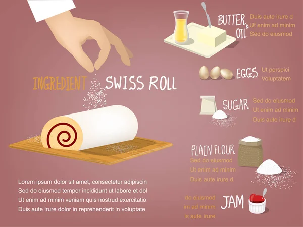 Desain grafis-info manis dari bahan kue gulung swiss yang terdiri dari minyak atau mentega, telur, gula, tepung polos dan selai, konsep desain makanan penutup - Stok Vektor