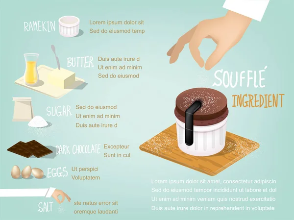Dulce colorat info-grafic design de Souffle tort ingredient care constă din unt, zahăr, ciocolată neagră, ouă și sare, conceptul de design desert — Vector de stoc