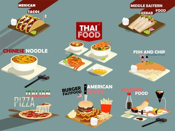 Wunderschönes Design der beliebtesten Speisen der Welt; Kebab, Tacos, Nudeln, thailändisches Essen, Fisch und Chips, Pizza, Burger und Wurst und japanisches Essen — Stockvektor