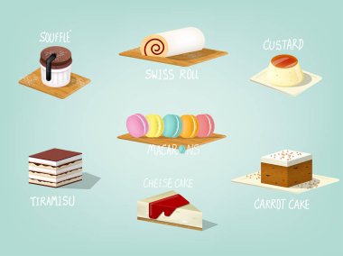 popüler tatlı Ekmek pasta, havuçlu kek, sufle pasta, kremalı pasta, tiramisu, İsviçre rulo, peynir pasta ve macarons güzel renkli grafik tasarım çizimi