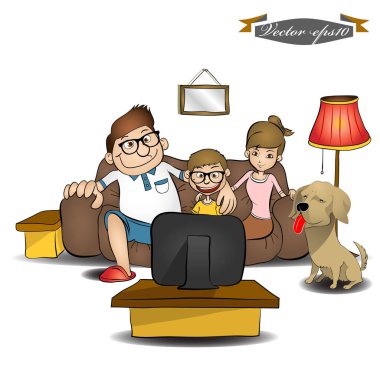 Bütün mutluluk aile ve tv izlemek köpek güzel grafik tasarım çizimi
