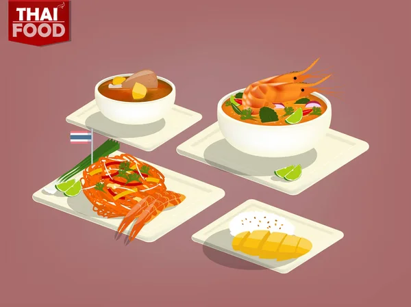 Krásný plochý design thajské potravin a thajský dezert jako Tom Yum Goong, Pad thajské, kuřecí massaman kari, lepkavou mangovou rýži — Stockový vektor