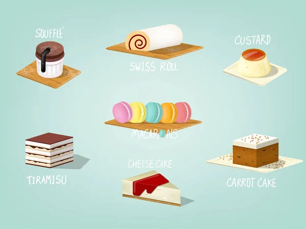 Piękny kolorowy design graficzny ilustracja popularne piekarnia słodki tort, ciasto marchewkowe, souffle ciasto, ciasto z kremem, tiramisu, swiss roll, sernik i macarons — Wektor stockowy