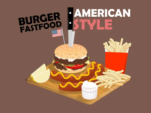 Desain indah double beef cheese burger, sosis dengan mustard, kentang goreng dan kapur di papan kayu, gaya makanan american - Stok Vektor