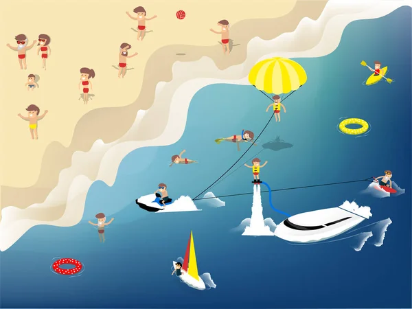 güzel grafik tasarım sahilde yaz faaliyetlerinin tasarımı Yüzme, jet ski, Kano, yelkenli, flyboard, kitesurfing, wakeboard ve Dalış, yaz kavramı gibi