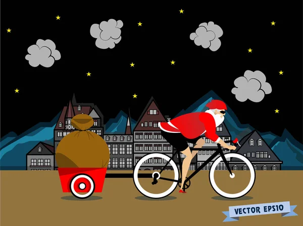 Grafisch ontwerp vector van santa claus fietsen in de stad met zijn gaven bij nacht — Stockvector