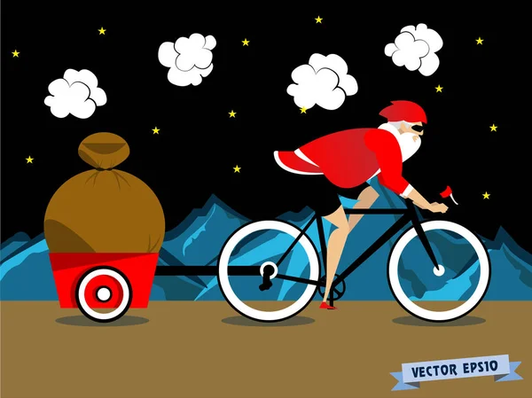 Grafisch ontwerp vector van Santa Claus fietsen op de mountain road met zijn gaven — Stockvector