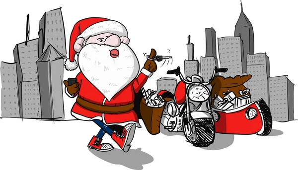 Karikatur von Santa Claus und seinem Fahrrad in der Stadt — Stockvektor