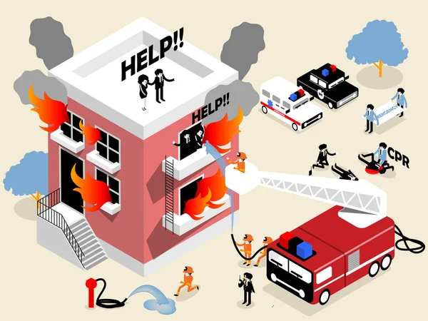 Diseño isométrico de los bomberos luchando edificio en el fuego y rescatar a la mujer y el hombre que se quedó allí, los bomberos diseño de concepto de carrera — Vector de stock