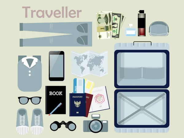 旅行者は、旅行者は、旅行者の概念の必要な物の服のフラットなデザイン — ストックベクタ