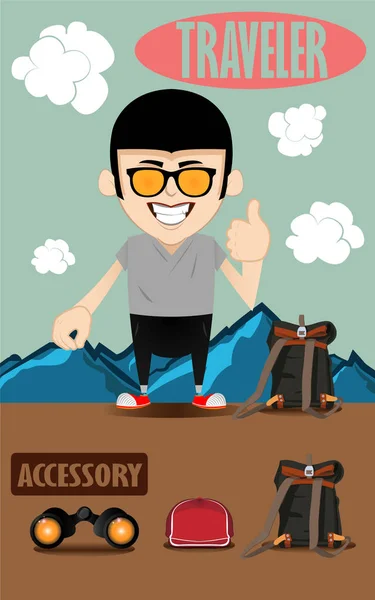 Graphic design vector of traveler on the mountain with travel accessories — Stock Vector