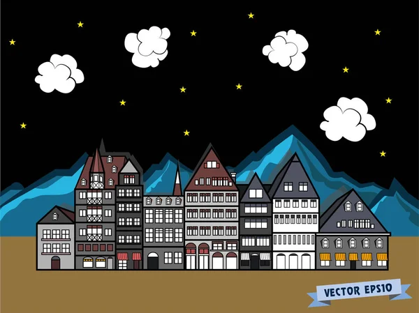 Grafisk design vektor av staden byggnad downtown på natten — Stock vektor