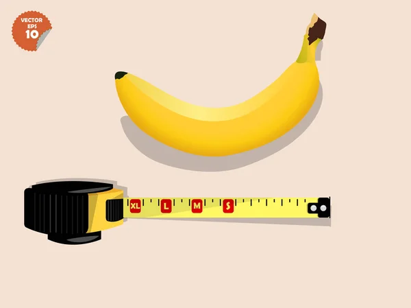 Concept de pénis, mûrir banane jaune mesurée par bande de mesure, comparable à la taille du pénis de l'homme comme court, petit moyen, moyen, long, grande taille et extra grande taille — Image vectorielle