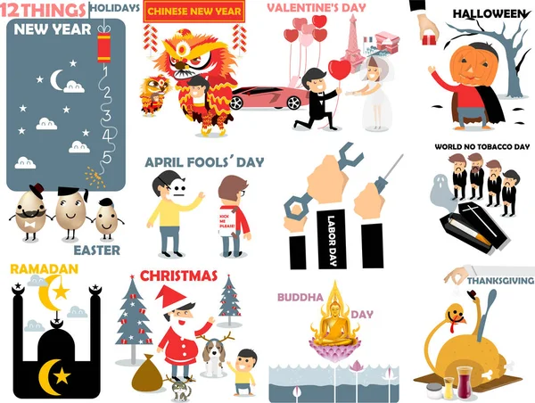 Beautiful graphic of 12 international holidays: new year,chinese new year,valentine's day,halloween,easter,april fools' day,labor,world no tobacco,ramadan,christmas,buddha day,thanksgiving — Stock Illustration Beautiful graphic of 12 international holidays: new year,chinese new year,valentine's day,halloween,easter,april fools' day,labor,world no tobacco,ramadan,christmas,buddha day,thanksgiving Vector Graphics