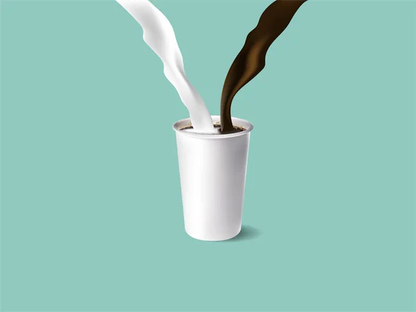 Реалистичный иллюстрационный векторный графический дизайн брызг текущего молока и кофе в чашке кофе эспрессо на пастельном фоне — стоковый вектор