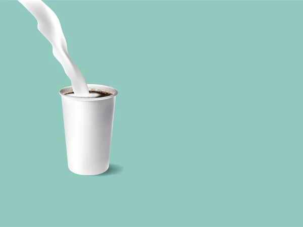 Realistisk illustration vektor grafisk design av stänk rinner mjölk i en kopp espressokaffe på pastell färgbakgrund — Stock vektor