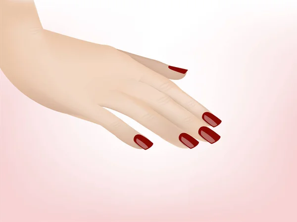 Mooie illustratie vector ontwerp van vrouw hand met rode kleur manicure nagels op een wit roze achtergrond — Stockvector