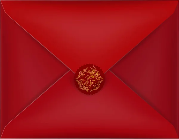 Hermoso vector de ilustración realista sobre rojo, sobre rojo aislado con el signo de dragón chino de oro sello rojo sobre un fondo, maqueta realista — Vector de stock