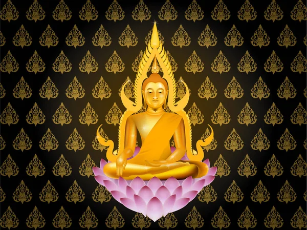 Buddha seduto su loto su sfondo stile texture tailandese, buddhismo carta da parati sfondo illustrazione vettore grafica concetto di progettazione — Vettoriale Stock