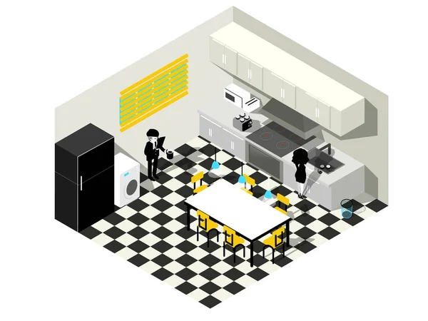 Ισομετρική εικονογράφηση διάνυσμα ζευγάρι μαζί μοντέρνα κουζίνα. ισομετρική κουζίνα σχεδιασμό έννοια — Διανυσματικό Αρχείο