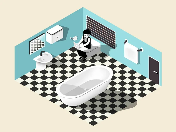 Изометрический вектор иллюстрации человека, сидящего на флеш-туалете в комнате отдыха — стоковый вектор
