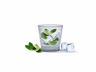 Gerçekçi bir kadeh kokteyl limon, nane ve buz. limon nane kokteyli tasarım konsepti