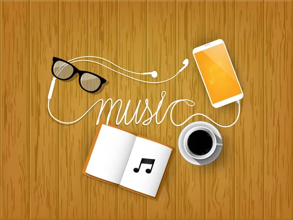 Ilustração design gráfico de fundo de música, fio de fone de ouvido como forma de alfabeto de música com gadget em fundo de textura de madeira, conceito de design gráfico de música —  Vetores de Stock