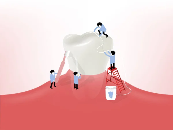 Hermoso vector de ilustración de pequeños dentistas limpieza de un diente gigante en la encía, concepto de diseño de salud dental — Archivo Imágenes Vectoriales