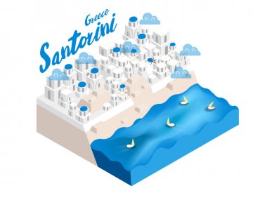 Santorini Island, Yunanistan, ünlü turistik Adası simgesel yapısının dünya izometrik tasarım konsepti güzel izometrik tarzı tasarım kavramı