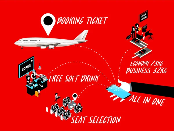 Illustration vectorielle de réservation de billets en ligne vols dans le monde entier, réservation de sièges sur smartphone, concept de réservation de billets d'avion en ligne — Image vectorielle