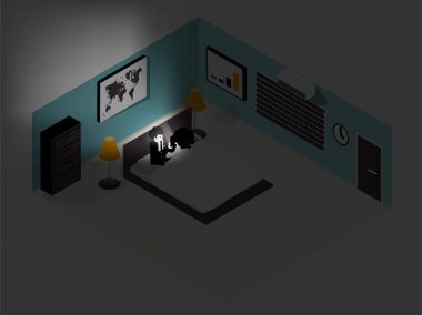 Adamın karısını yatak odasında, smartphone bağımlılığı tasarım konsepti ile daha önce uyku smartphone kullanarak illüstrasyon vektör