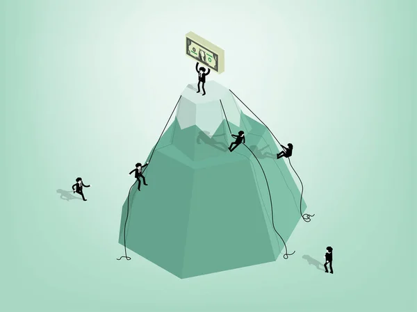 Ilustración vector isométrico del hombre de negocios subió a la cima de la montaña para el éxito, hombre de negocios llevando dinero en la cima de la montaña — Vector de stock