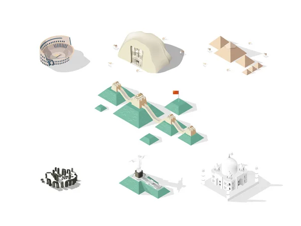 Ilustración vector concepto de diseño isométrico de 7 Maravillas del Mundo: Coliseo, Gran Muralla, Petra, Taj Mahal, Cristo Redentor, Gran Pirámide de Giza, Stonehenge — Vector de stock