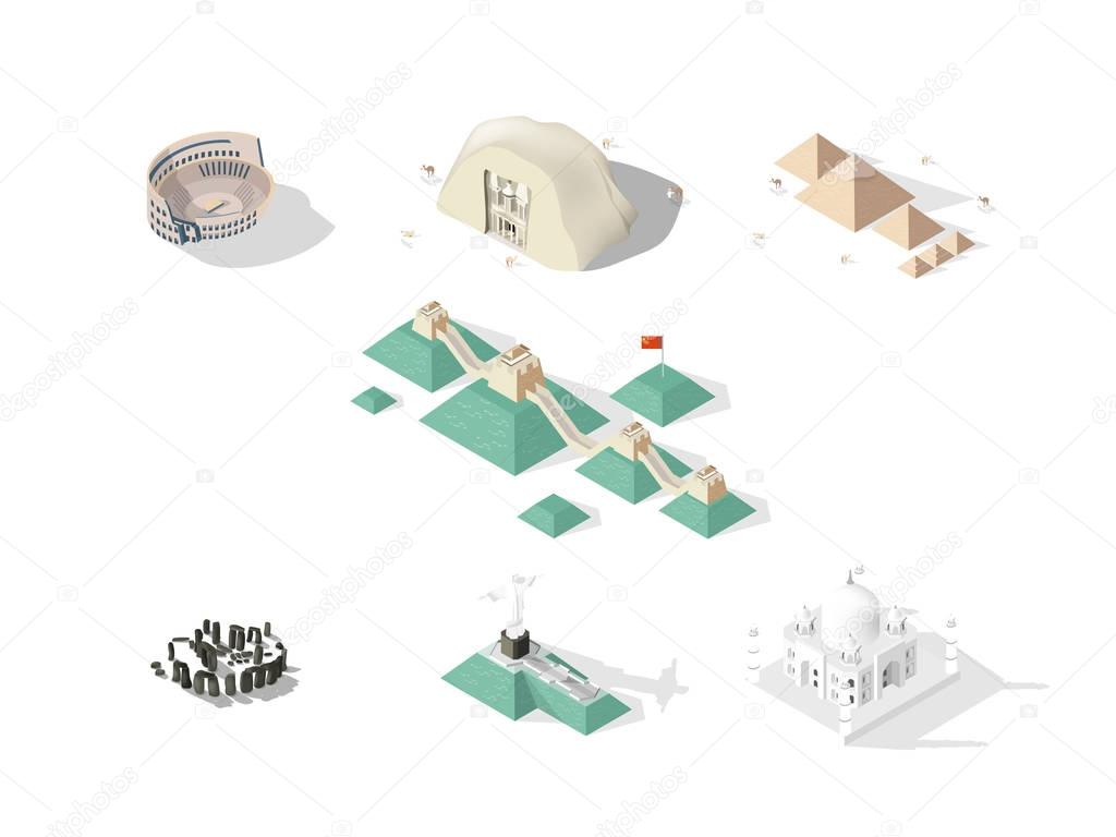 illustration vector isometric design concept of 7 Wonders of the World: Colosseum, Great Wall, Petra, Taj Mahal, Cristo Redentor, Great Pyramid of Giza, stonehenge