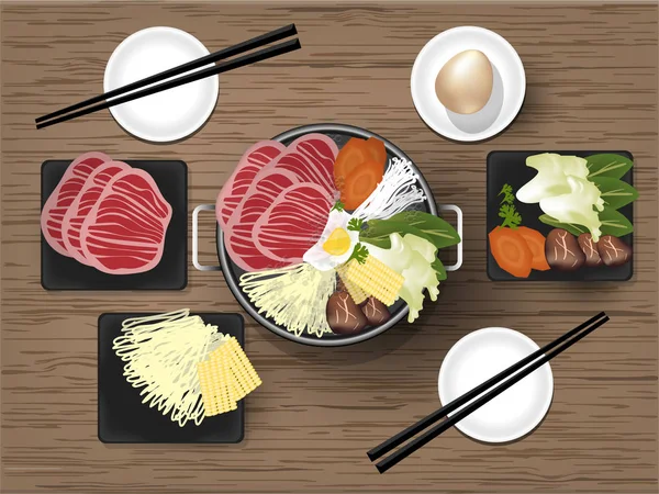 Vecteur d'illustration de Sukiyaki japonais avec du bœuf japonais de haute qualité — Image vectorielle