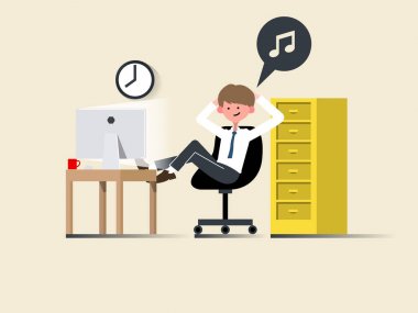 illüstrasyon vektör mutlu genç iş adamı, iş ve iş adamı office düz stil tasarım konsepti içinde düz tasarım konsepti, bilgisayarda modern ofis rahatlayın