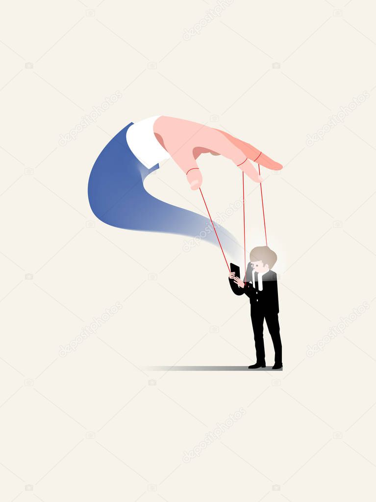 illustration vector of business man using smartphone as a marionette controlled, business man is controlled by smartphone, smartphone addiction design concept 