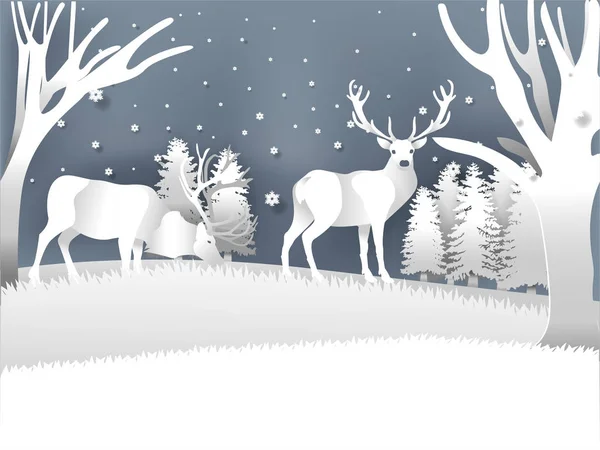 Ілюстрація Векторні олені в зимовому лісі зі снігом в зимовий сезон і Різдвяний день, зимовий векторний папір концепція дизайну стилю мистецтва — стоковий вектор