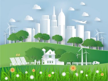 İllüstrasyon vektör modern Eko şehir dünya çevre ve mutluluk aile, eko modern kent kağıt sanat tarzı grafik tasarım
