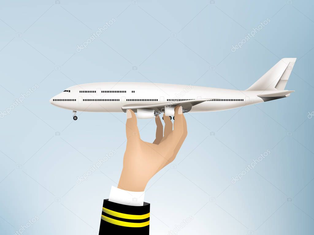 realistic illustration vector of pilot hand holding air plane in the sky,  jet commercial airplane on blue sky background, vector high detailed airplane, airline concept travel planes