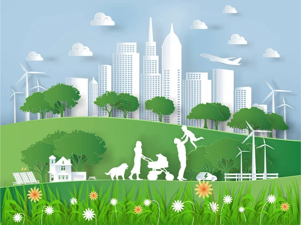 Illustratie Vector Van Moderne Eco Wereld Milieu Geluk Familie Grafisch — Stockvector