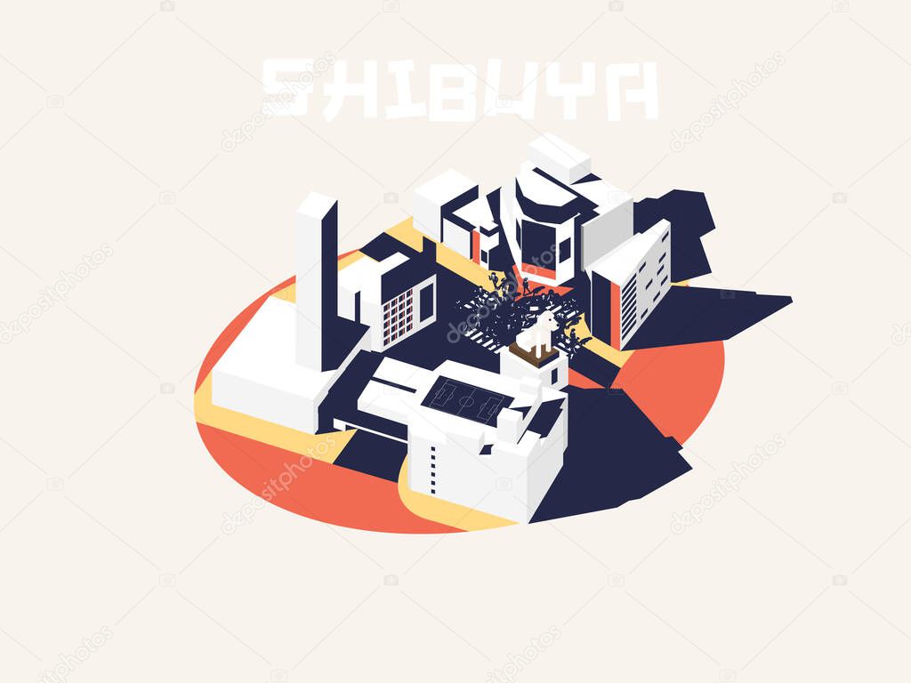 isometric illustration vector graphic design concept of Shibuya, Tokyo, Japan