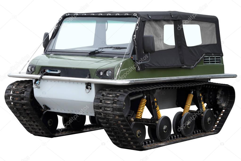 Tracked all-terrain vehicle with canvas top isolated on white ba