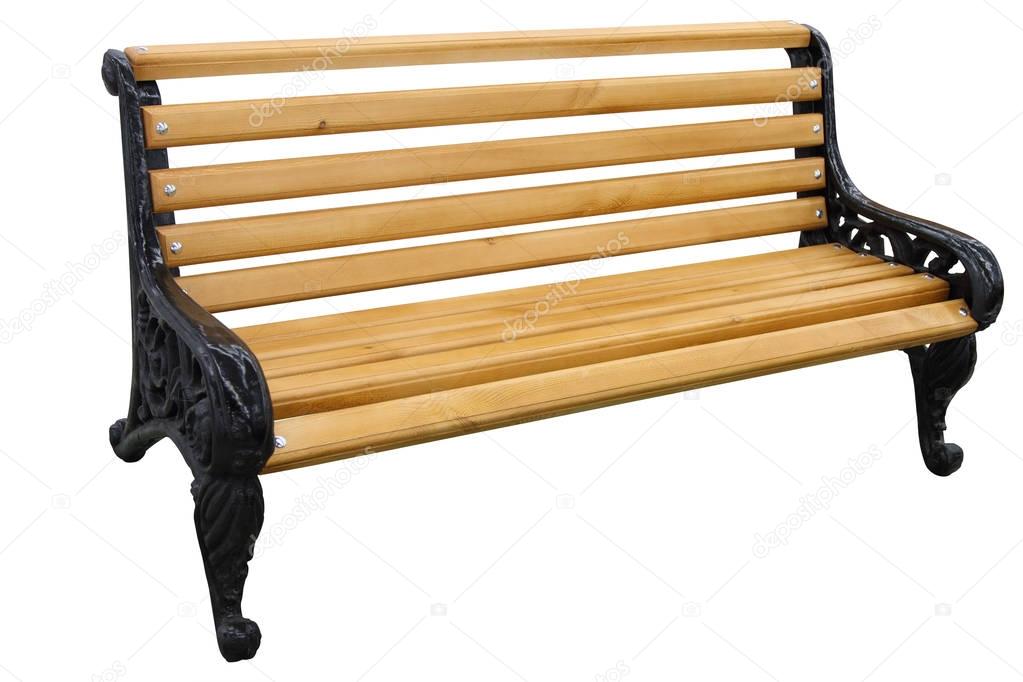 Wooden bench with cast iron legs isolated on white background.
