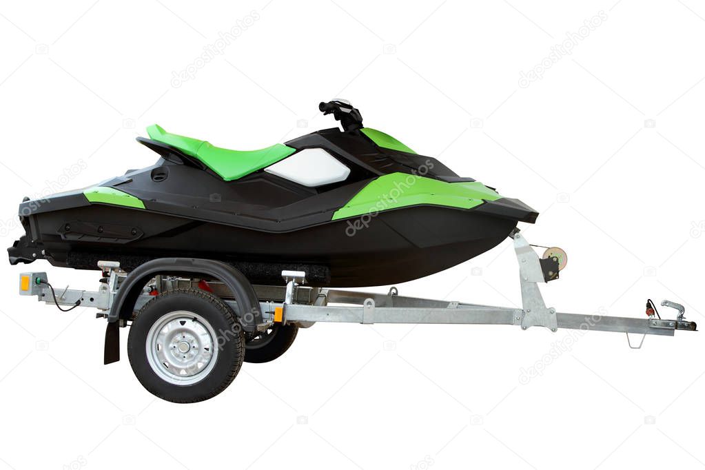 Green hydrocycle on the automobile trailer, isolated on a white 