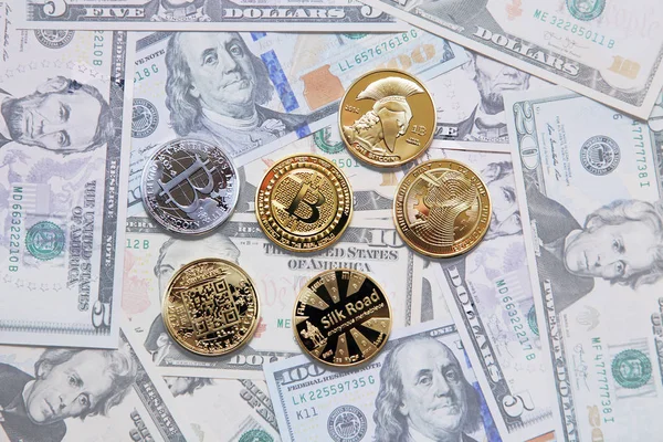 Penningen symbolen van bitcoins Stockfoto