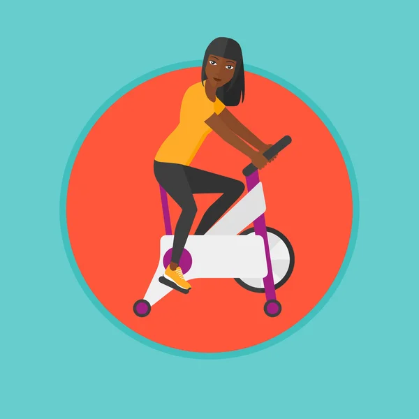 Mujer montando bicicleta estacionaria . — Vector de stock