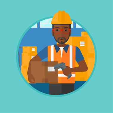 İşçi tarama barkod kutusu üzerinde ambar.