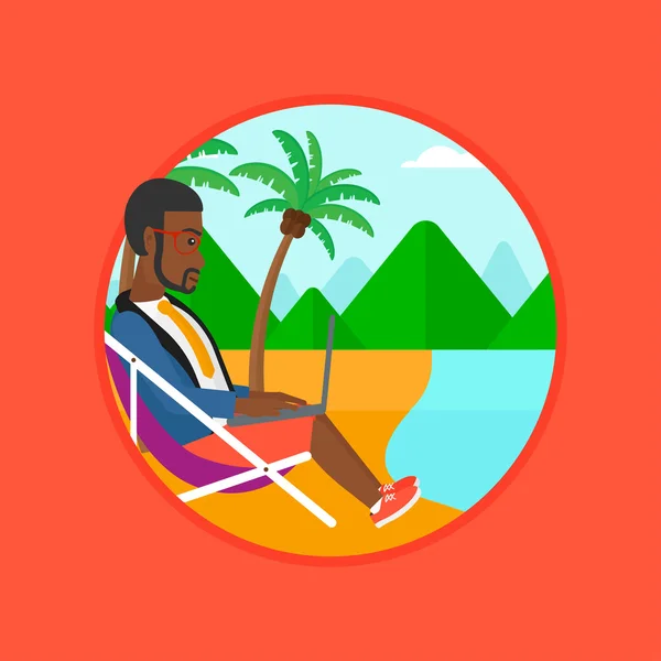 Επιχειρηματίας που εργάζεται για το laptop στην παραλία. — Διανυσματικό Αρχείο